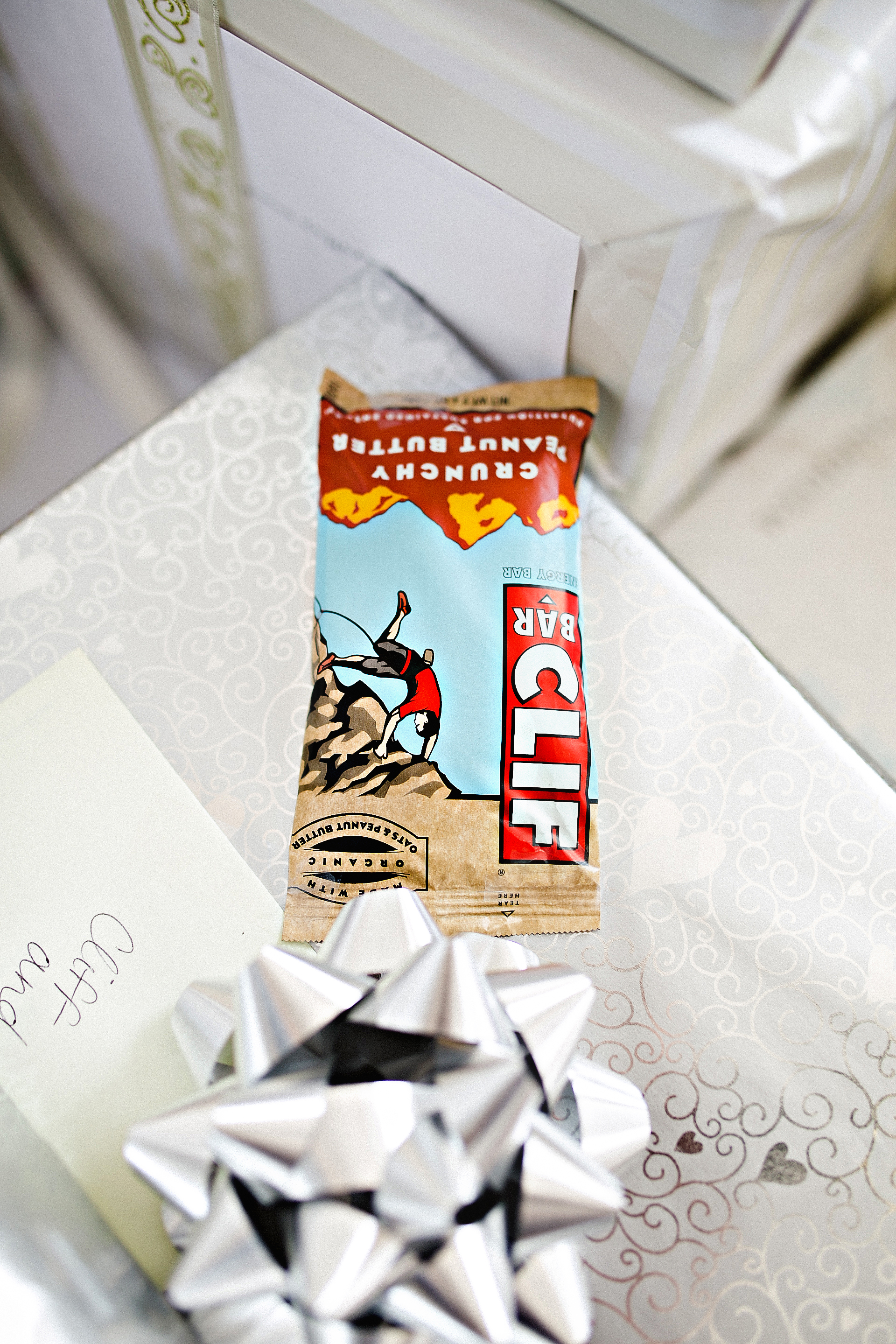 cliff bar attached to wedding gift