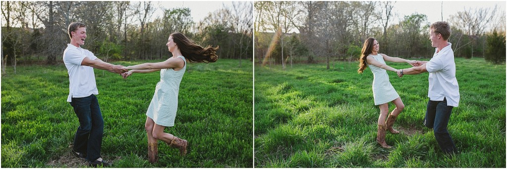 bride and groom spinning around in a field, engagement photos