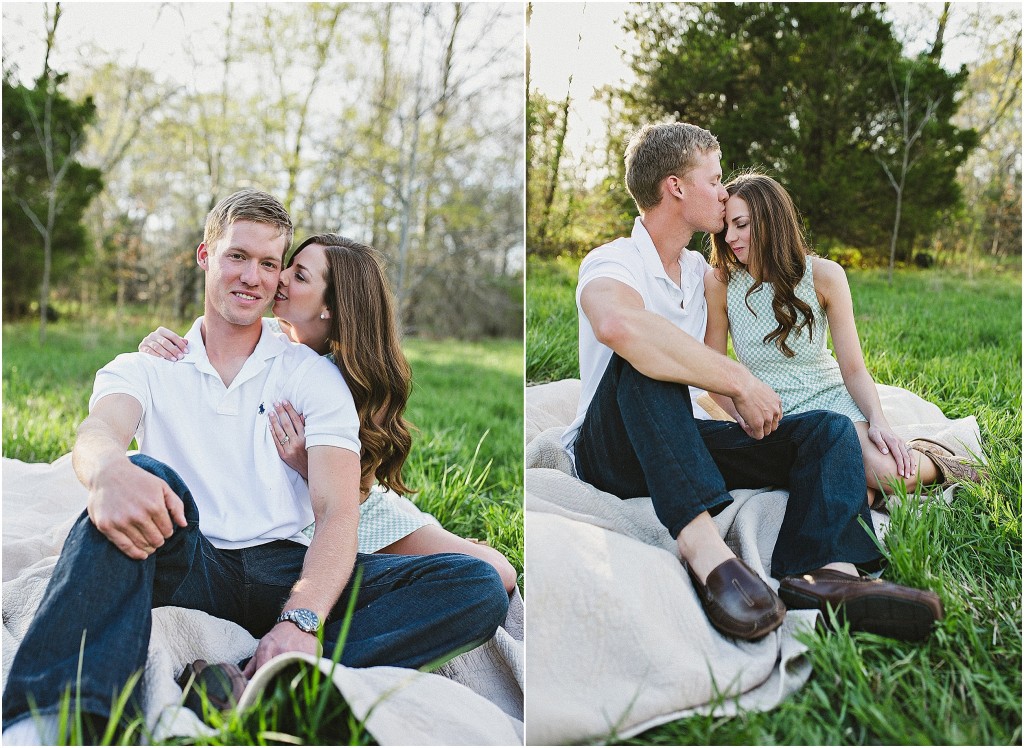 romantic casual engagement photos in a field