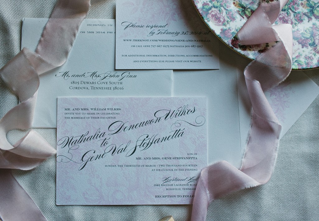 letterpress wedding invitations, froufrou chic ribbon, pastel pink wedding