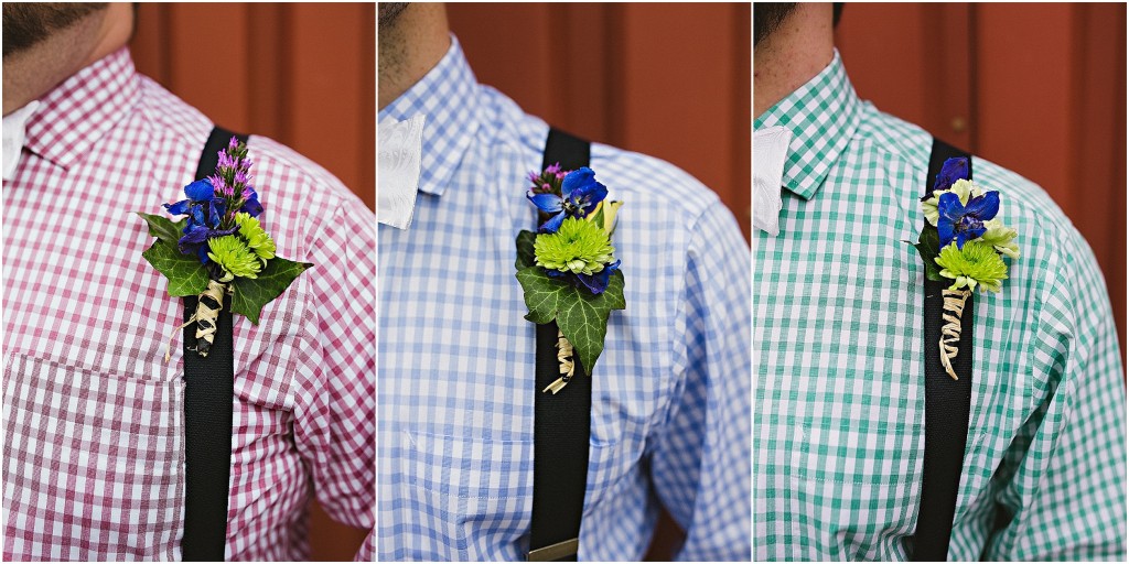 trendy bridal party, groomsmen in gingham, wildflower boutonnières