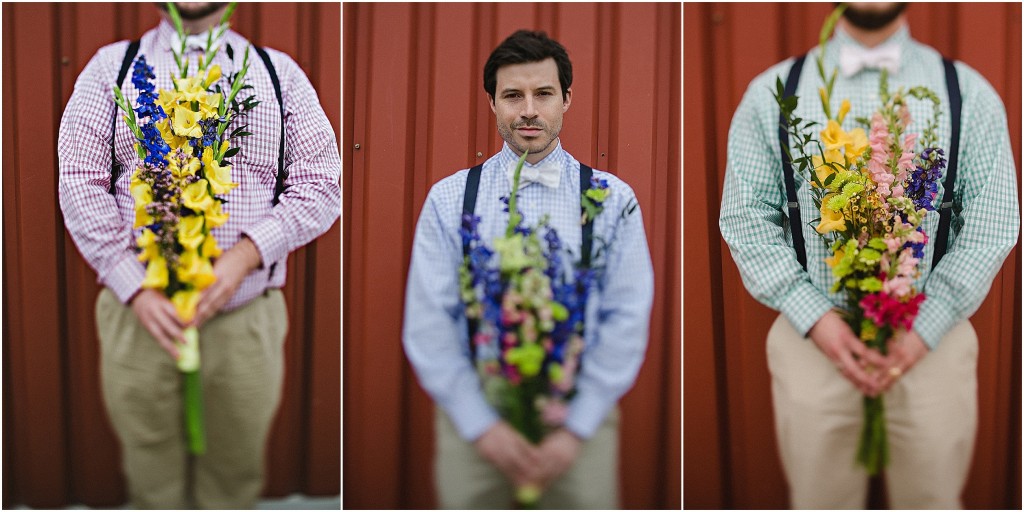 trendy bridal party, groomsmen in gingham, wildflower boutonnières