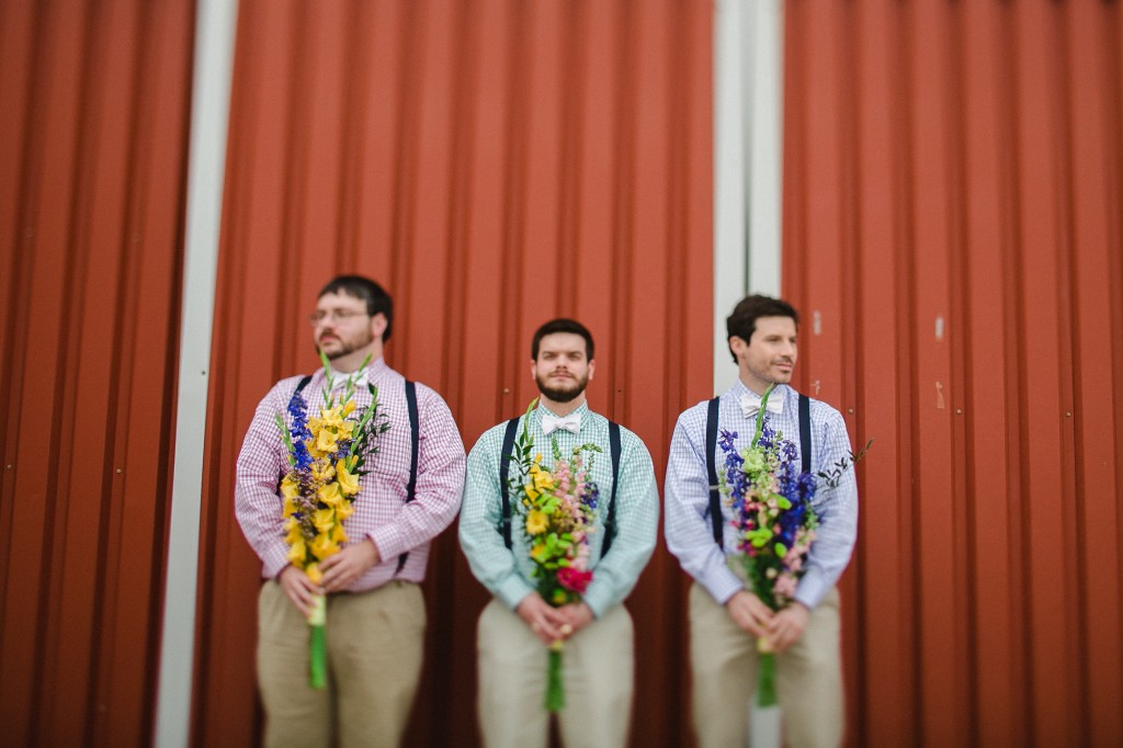 trendy bridal party, groomsmen in gingham, wildflower boutonnières