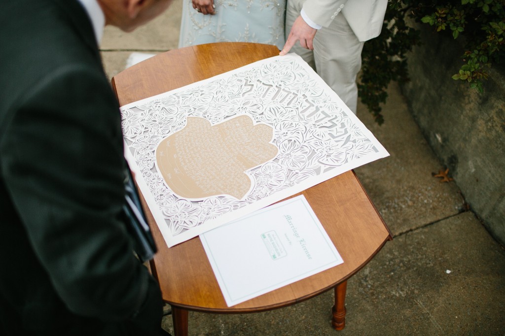 trendy jewish wedding, signing the ketubah