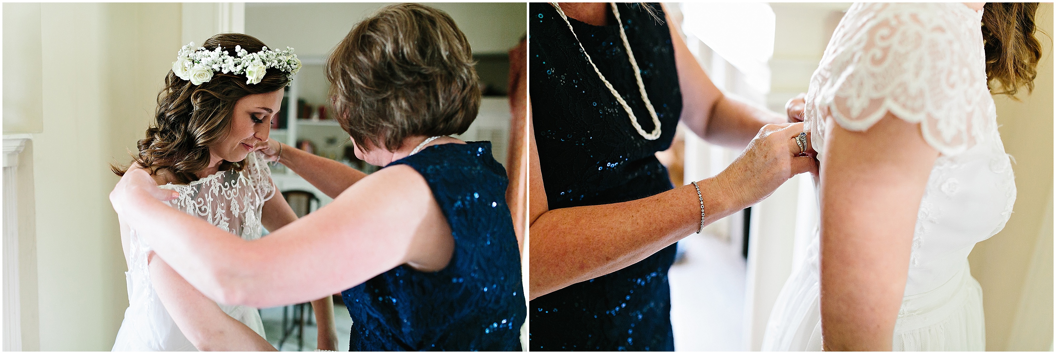 bride putting dress on