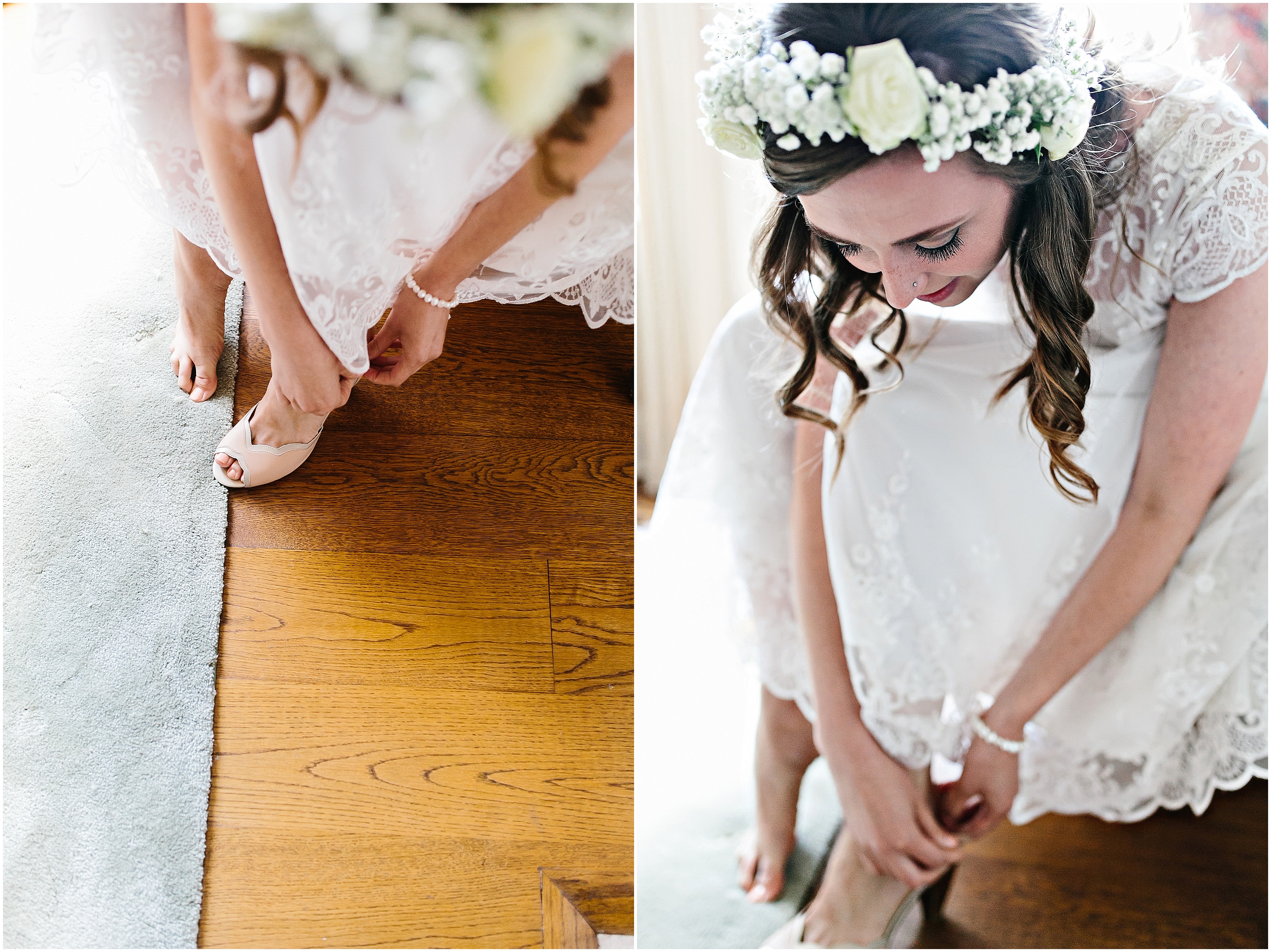 bride putting dress on