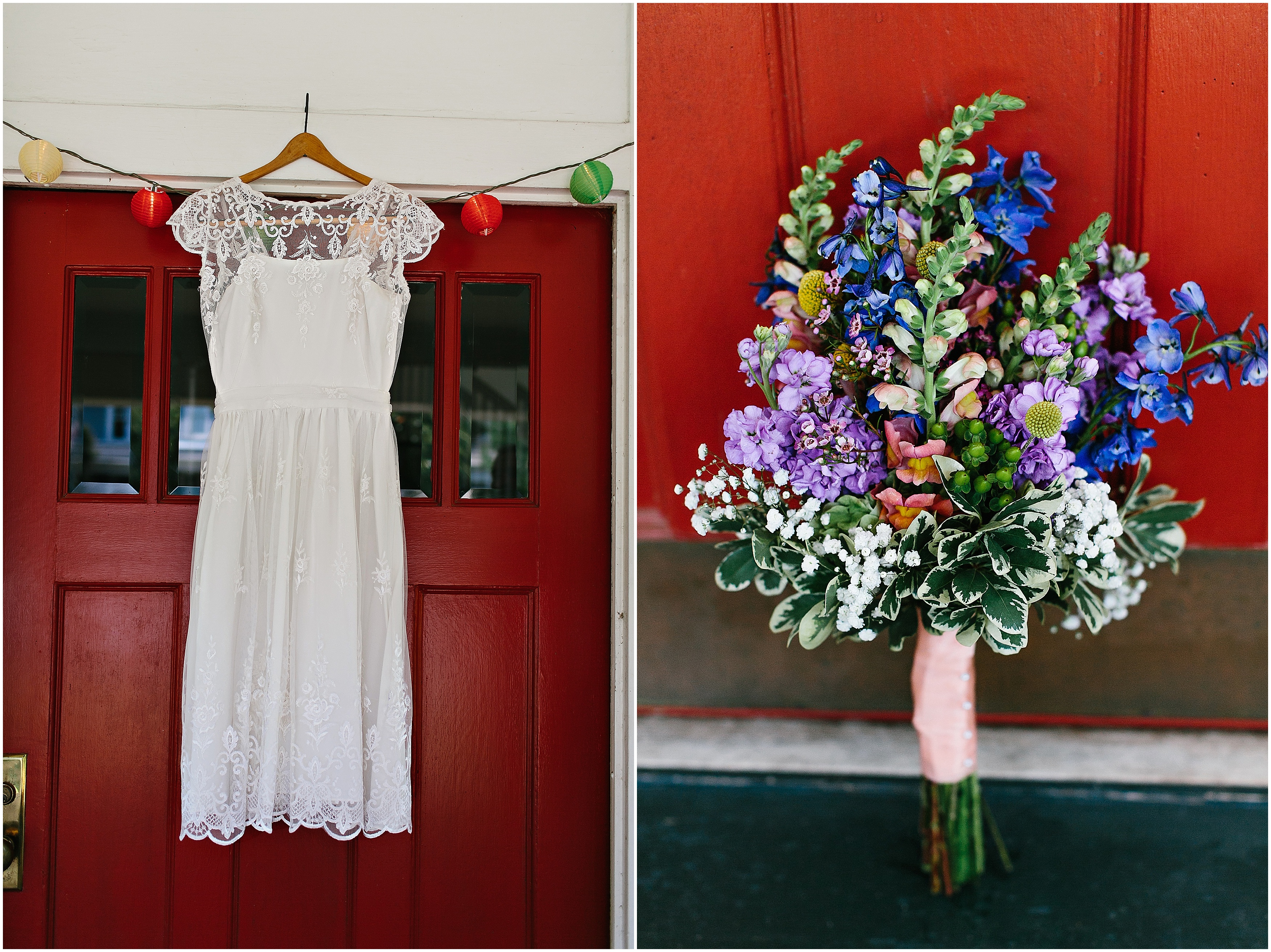 short wedding dress. vintage wedding dress. lace wedding dress. Colorful bouquet 