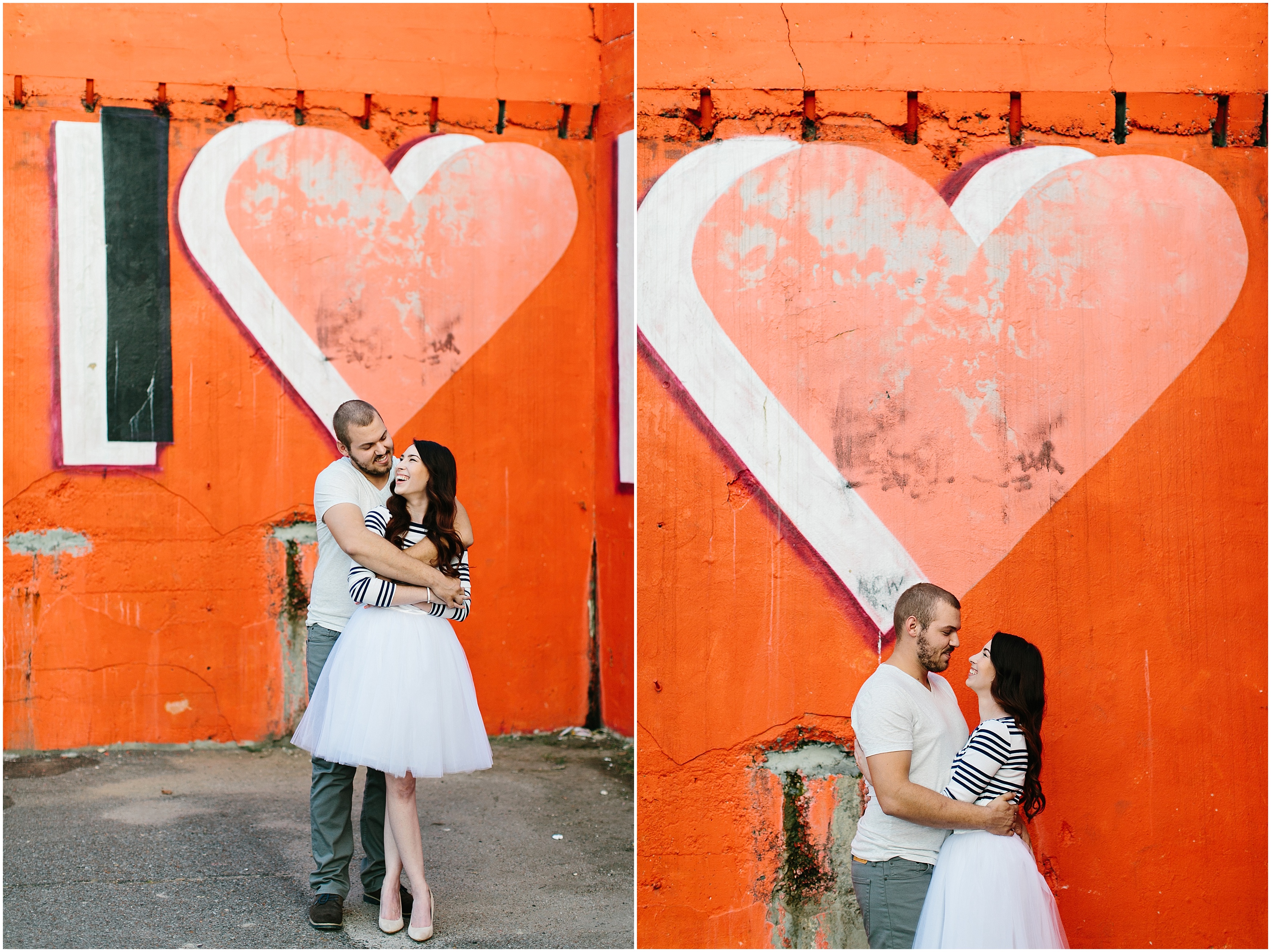 creative engagement photos. Urban engagement session, midtown engagement session. Journalistic wedding photographer. Tulle skirt