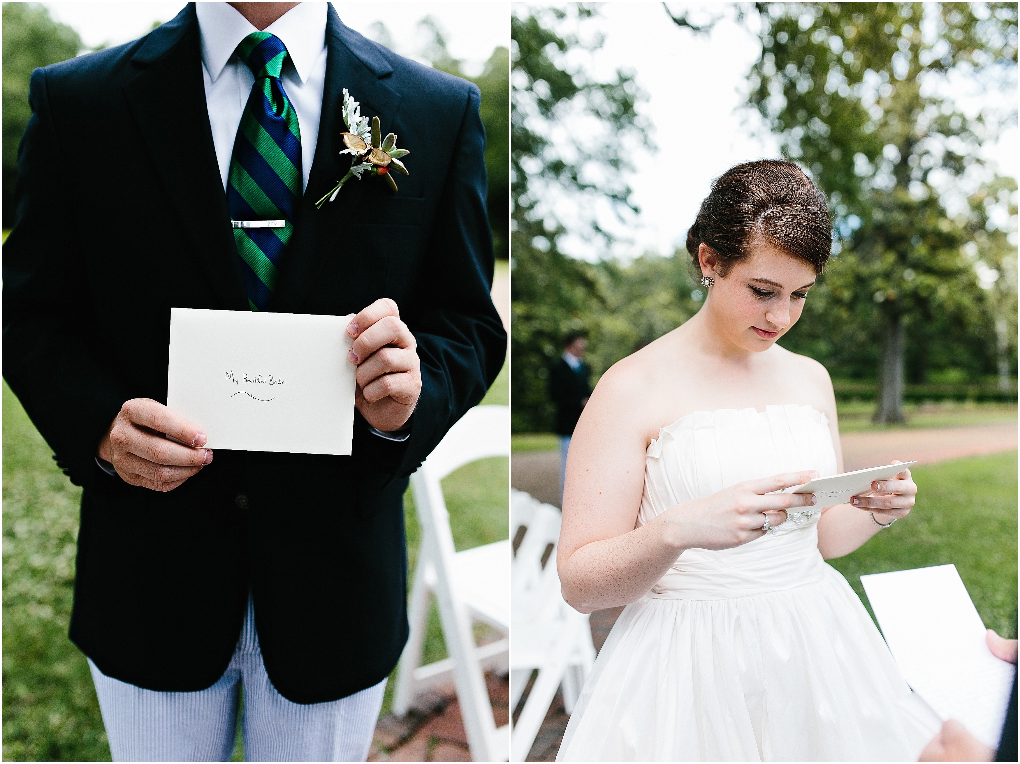 bride reading letter. emotional first look