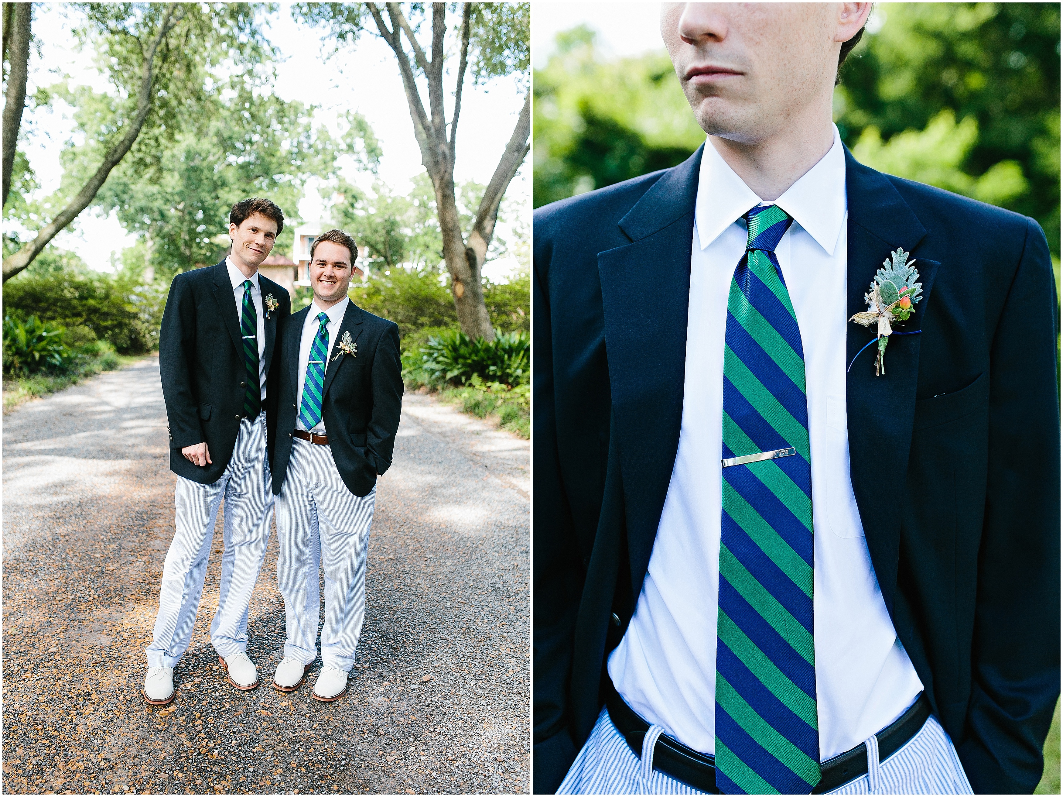 seersucker groomsmen suits, preppy wedding attire, striped tie, custom tie clip