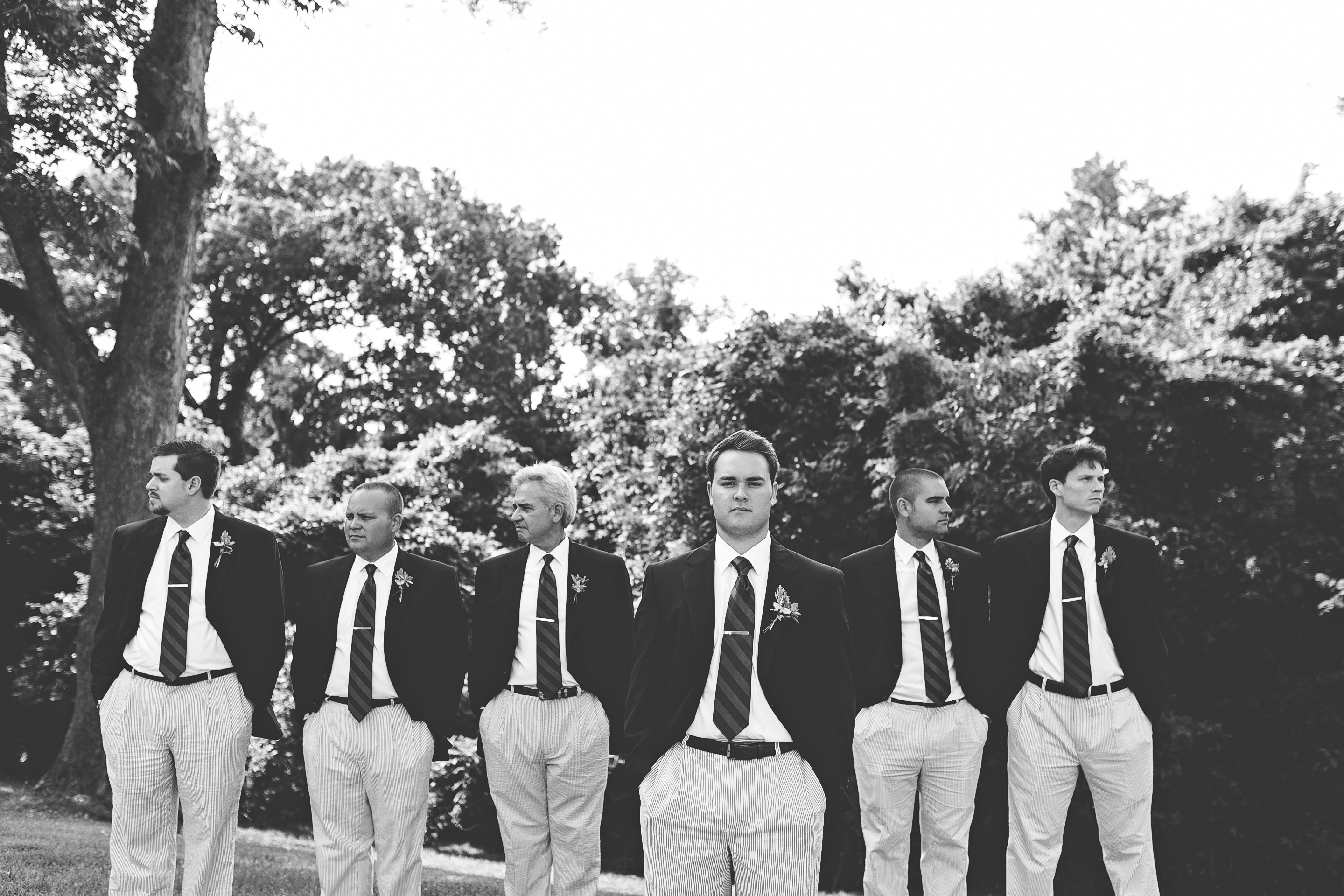 seersucker groomsmen suits, preppy wedding attire, striped tie, custom tie clip